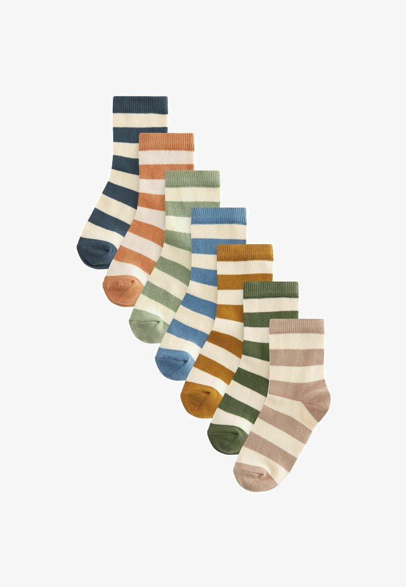 Set di sette paia di calzini a righe in vari colori: blu, verde, arancione, beige e giallo; con polsini a coste e colori contrastanti per le punte.