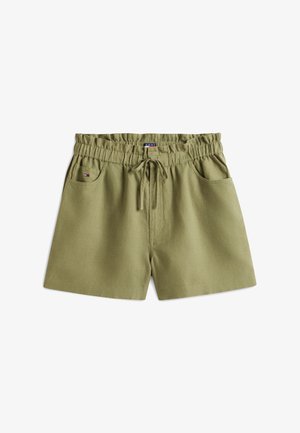 Neformálne krátke nohavice olivovo zelenej farby s elastickým pásom, sťahovacou šnúrkou, dvoma prednými vreckami a malým logom na ľavom vrecku.