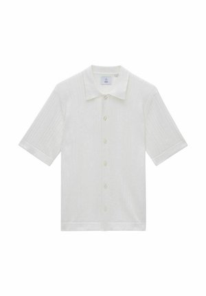 Kortärmad skjorta med knappar i off-white, med texturerade vertikala ränder och klassisk krage. Mjuk tyg med en slät yta.