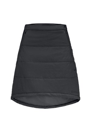 Jupe noire rembourrée avec une large taille, présentant des lignes horizontales quiltées et un ourlet arrière incurvé, légèrement plus long. Texture lisse.