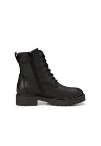 Schwarze Leder-Ankle Boots mit runder Zehenform, vorderem Schnürverschluss und seitlichem Reißverschluss. Dicke Gummisohle mit Profil für besseren Halt.