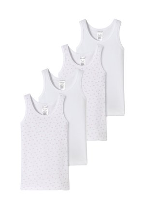 Quattro top in cotone bianco, due dei quali presentano un motivo a pois rosa chiaro. Il tessuto è morbido cotone, con un classico design senza maniche.