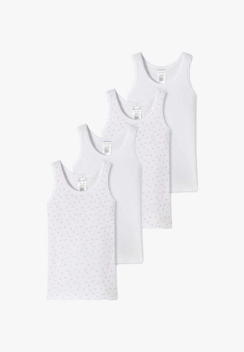 Quattro top in cotone bianco, due dei quali presentano un motivo a pois rosa chiaro. Il tessuto è morbido cotone, con un classico design senza maniche.