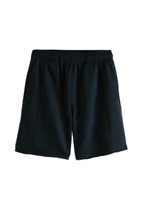 Schwarze Sportshorts mit elastischem Bund, seitlichen Taschen und glatter Textur. Einfaches, klassisches Design ohne Muster.