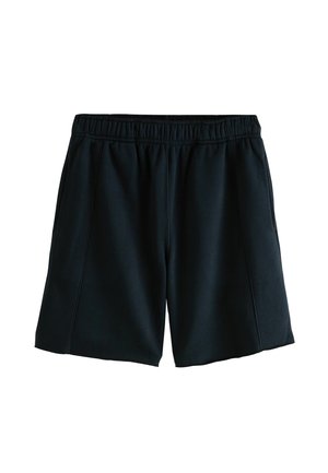 Schwarze Shorts aus weichem Stoff, mit einem elastischen Bund, seitlichen Taschen und einem geraden Schnitt. Keine sichtbaren Muster.