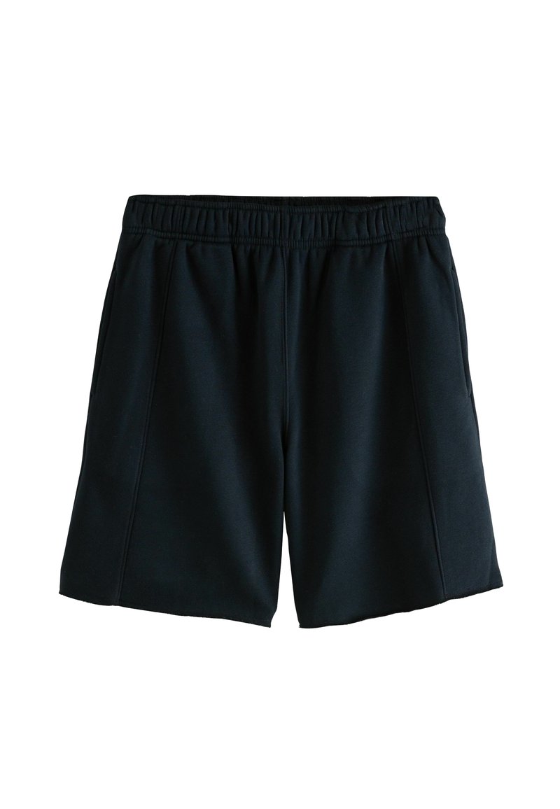 Pantaloni corti neri realizzati in tessuto morbido, con vita elastica, tasche laterali e design a taglio dritto. Nessun motivo visibile.