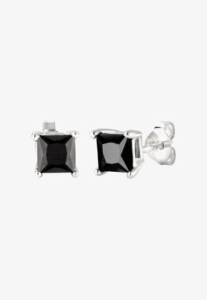 Sorte firkantede stensstuds i poleret sølvmetal med kroneindstillinger og glatte, runde bagsider. Kompakt og elegant design.