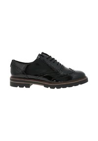 Black leather lace-up shoes with brogue detailing, circular toe, and a textured upper. Features a chunky rubber sole and decorative stitching.