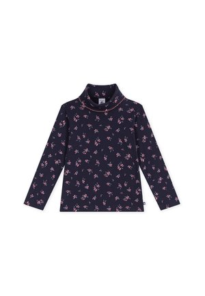 Marineblauwe lange mouw coltrui met klein roze bloemenpatroon en decoratieve roze stiksels langs de kraag.