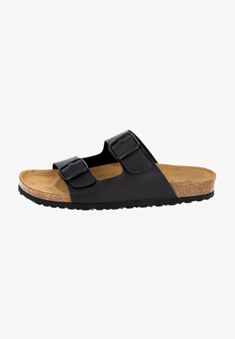 Sandalias negras de dos correas con hebillas ajustables, plantilla de corcho, suela de goma texturizada y un diseño minimalista.
