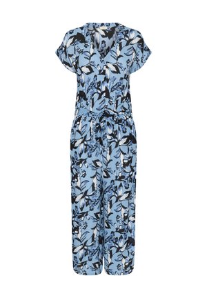 Blommig blå jumpsuit med korta ärmar, v-ringning, åtsittande midja och vida ben. Har ett mönster av svarta och vita blommor och löv.