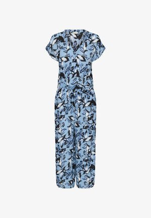 Blommig blå jumpsuit med korta ärmar, v-ringning, åtsittande midja och vida ben. Har ett mönster av svarta och vita blommor och löv.