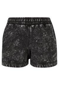 Black tie-dye shorts with an elastic waistband, featuring a textured fabric and reinforced stitching along the hems.