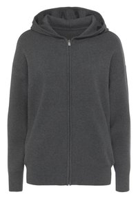 Grau zipfelkapuzenpullover aus weichem Stoff, ausgestattet mit einer Kapuze und gerippten Bündchen. Einfaches Design ohne auffällige Muster oder Verzierungen.