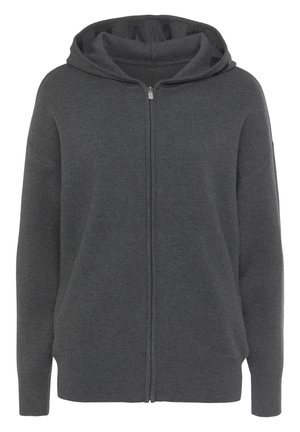 Grau zipfelkapuzenpullover aus weichem Stoff, ausgestattet mit einer Kapuze und gerippten Bündchen. Einfaches Design ohne auffällige Muster oder Verzierungen.