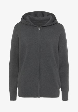 Grau zipfelkapuzenpullover aus weichem Stoff, ausgestattet mit einer Kapuze und gerippten Bündchen. Einfaches Design ohne auffällige Muster oder Verzierungen.
