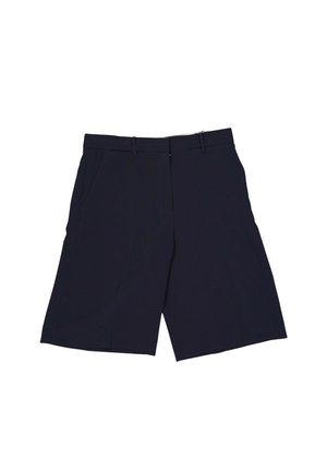 Marineblauwe knielange getailleerde shorts met riemlussen en zijzakken, afgebeeld op een witte achtergrond.