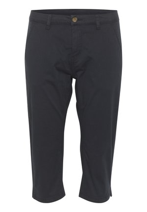 Mörkgrå bomullsblandning capribyxor med knappstängning, två framfickor och en slät yta. Försedda med en nederkant som når mitt kalv.