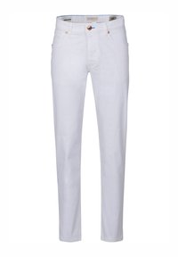 White denim pants featuring a straight leg cut, five pockets, a button closure, and minimal stitching details. Smooth fabric finish.