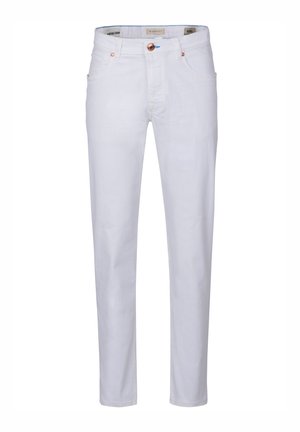White denim pants featuring a straight leg cut, five pockets, a button closure, and minimal stitching details. Smooth fabric finish.