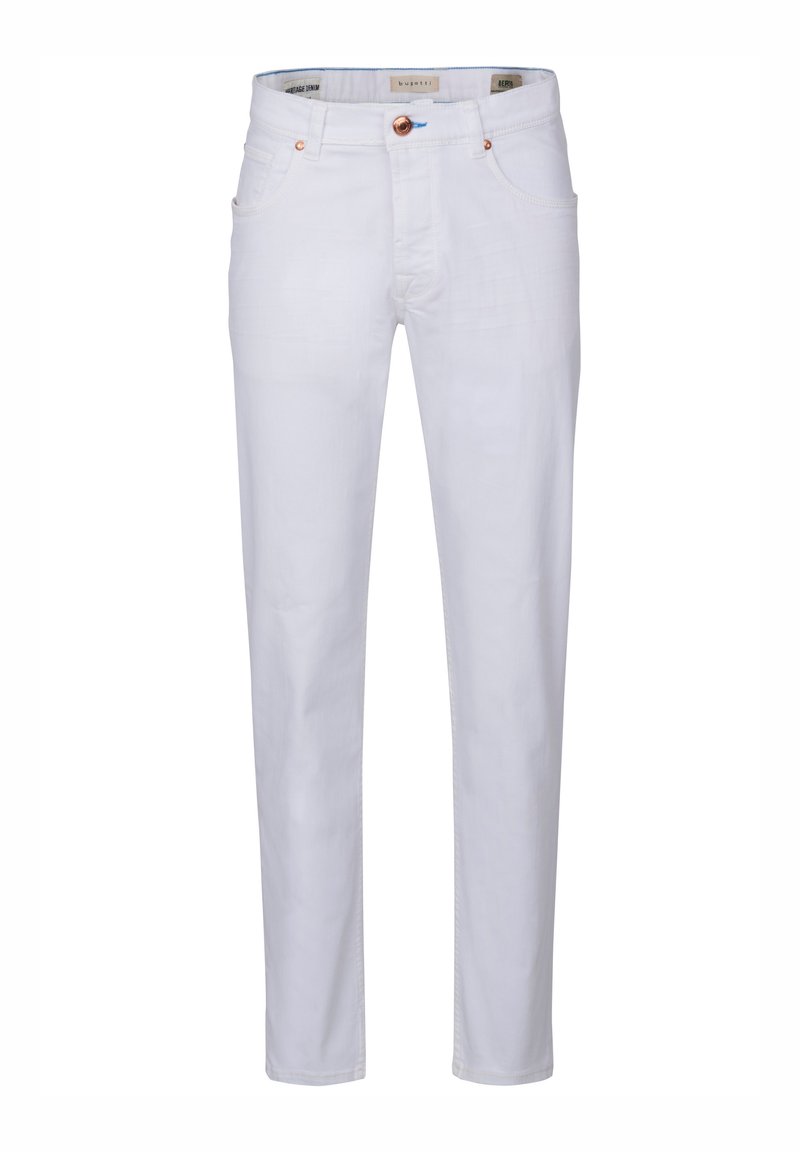 White denim pants featuring a straight leg cut, five pockets, a button closure, and minimal stitching details. Smooth fabric finish.