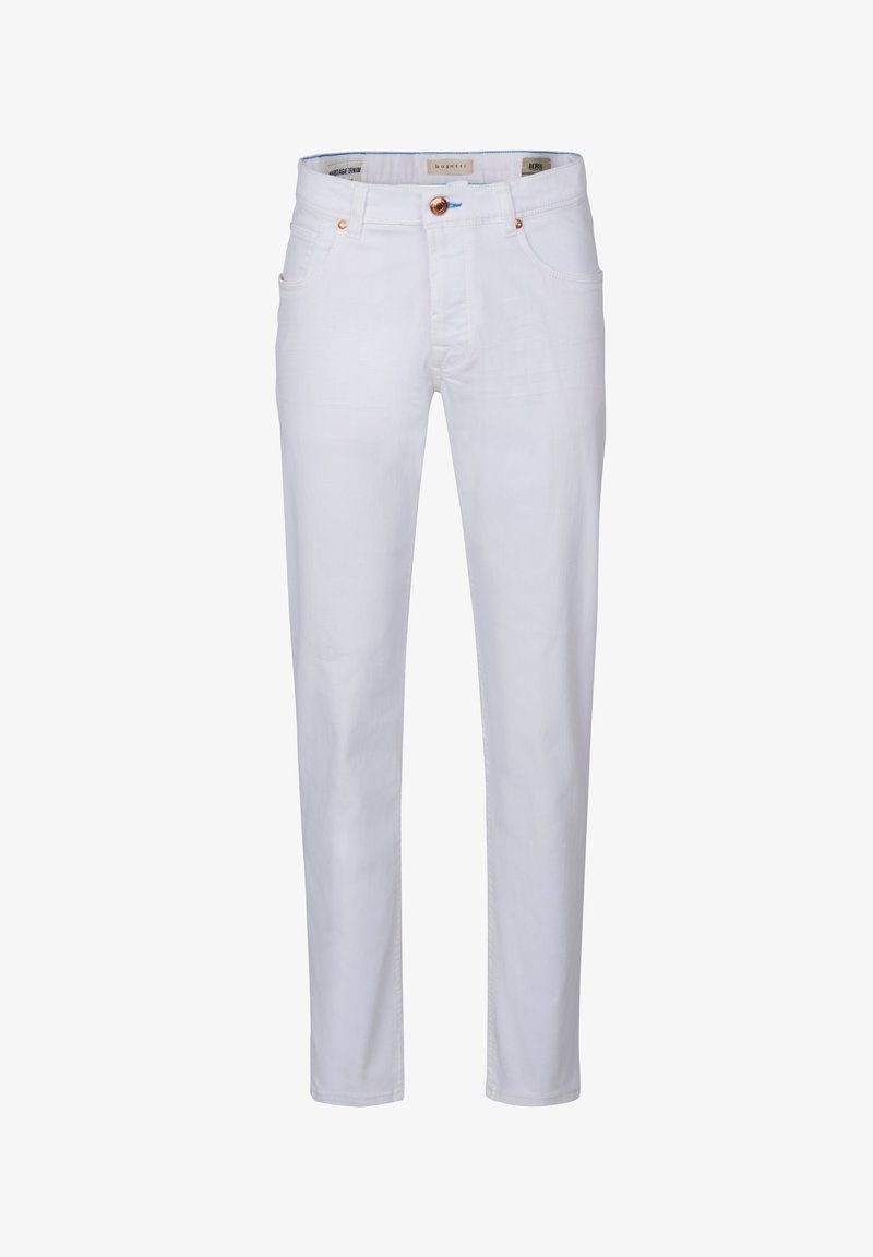 White denim pants featuring a straight leg cut, five pockets, a button closure, and minimal stitching details. Smooth fabric finish.