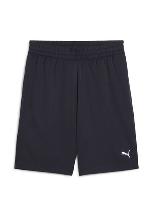 Fekete sportos rövidnadrág elasztikus derékpánttal és fehér Puma logóval a bal alsó lábrészen, fehér háttéren bemutatva.