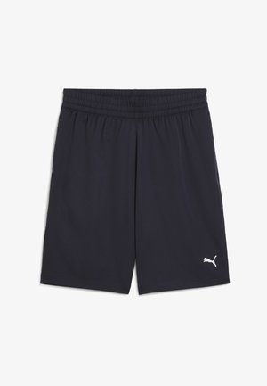 Fekete sportos rövidnadrág elasztikus derékpánttal és fehér Puma logóval a bal alsó lábrészen, fehér háttéren bemutatva.