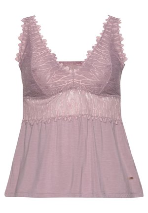 Helles lila Tanktop mit Spitze, V-Ausschnitt und ausgestelltem Saum. Es hat einen strukturierten Oberteil und zarte Details an den Rändern.