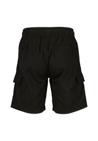 Pantaloni cargo neri con vita elastica, due tasche posteriori e tasche laterali per riporre. Realizzati in tessuto leggero.