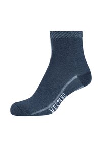 Calzini corti blu navy realizzati in tessuto lavorato a maglia, con tallone e punta rinforzati, e logo bianco a contrasto vicino al polsino.