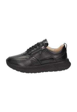 Basket en cuir noir avec une surface lisse, bout arrondi, lacets à l'avant et fermeture éclair sur le côté. Semelle en caoutchouc flexible avec un profil texturé.