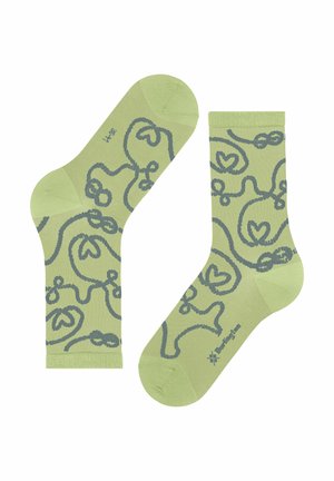 Groene katoenen sokken met een speelse blauwe abstracte print. Standaard crewlengte met versterkte tenen en een soepele textuur.