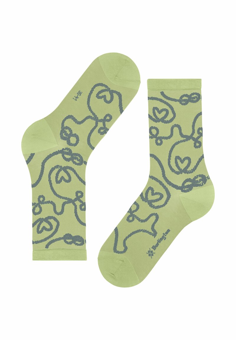 Grüne Baumwollsocken mit einem verspielten blauen abstrakten Muster. Standard Crew-Länge mit verstärkten Zehen und glatter Textur.