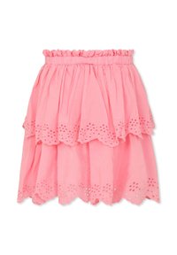 Gonna a balze in cotone rosa con cintura arricciata, caratterizzata da bordi scallop e dettagli in pizzo floreale lungo l’orlo.