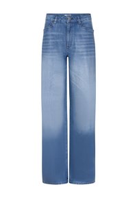 Licht gewaste denim wijde broek met een gradiëntverloop van licht naar donkerblauw, voorzien van een klassieke vijf-pocket design en metalen knoopsluiting.