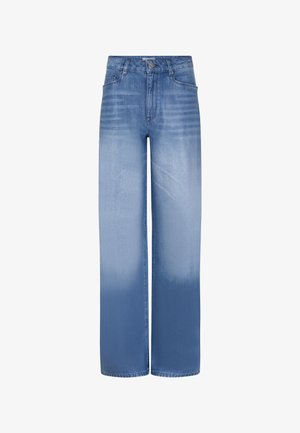 Licht gewaste denim wijde broek met een gradiëntverloop van licht naar donkerblauw, voorzien van een klassieke vijf-pocket design en metalen knoopsluiting.