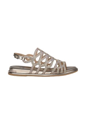 Sandal in oro metallico con design a taglio decorativo, impreziosito con strass. Suola piatta con cinturino regolabile alla caviglia e texture liscia.