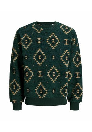Grüne Fleece-Sweatshirt mit Rautenmuster in Beige und Schwarz. Verfügt über gerippte Bündchen und Saum. Weiche Textur, lockere Passform.