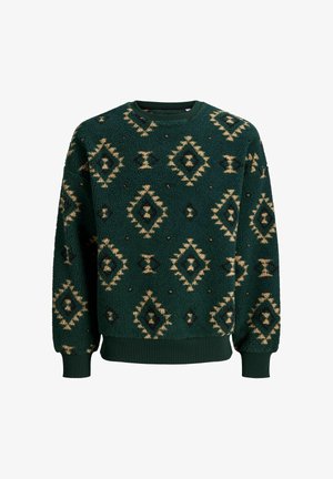 Green fleece sweatshirt with diamond pattern in beige and black. Features ribbed cuffs and hem. Soft texture, relaxed fit design.