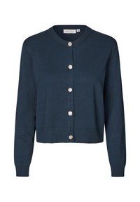 Navyblauwe cardigan van zacht materiaal, met zes glanzende knopen aan de voorkant, geribbelde manchetten en een ronde halslijn.