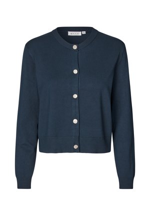 Cardigan blu navy realizzato in un materiale morbido, con sei bottoni lucidi sulla parte anteriore, polsini a coste e scollo rotondo.