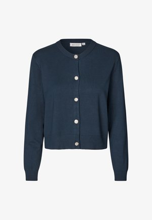 Marineblauer Cardigan aus weichem Material, mit sechs glänzenden Knöpfen auf der Vorderseite, gerippten Bündchen und einem runden Ausschnitt.