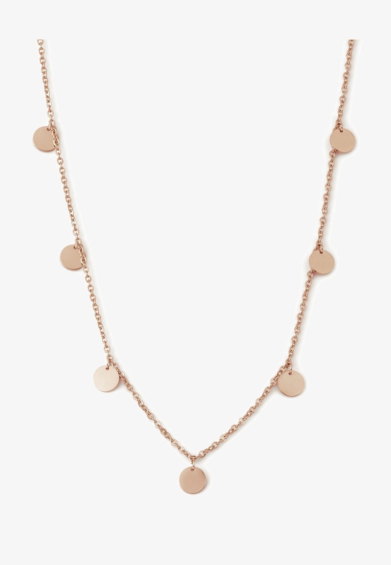 Collier chaîne délicat en or rose avec des petites breloques rondes espacées régulièrement sur toute sa longueur.