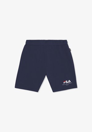 Marineblauwe sportbroek met elastische tailleband en FILA-logo in wit en rood op het onderste rechterbeen, plat neergelegd op witte achtergrond.