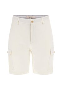 Beige cargo shorts med knaplukning, sidelommer og en tekstureret stof. Har et stribet indre livbånd for kontrast.