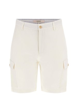 Beige cargo shorts with a button closure, side pockets, and a textured fabric. Features a striped inner waistband for contrast.