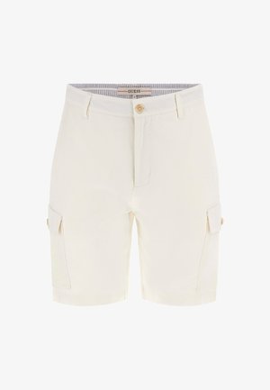 Beige cargo shorts with a button closure, side pockets, and a textured fabric. Features a striped inner waistband for contrast.