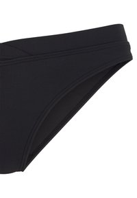 Juodų bikini apatinės dalies, su švelnia tekstūra, plačiu juosmeniu ir minimalios aprėpties dizainu. Nėra matomų raštų ar priedų detalių.