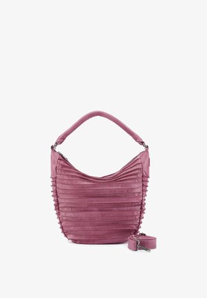 Bolso de hombro texturizado en color malva con diseño plisado, asa corta y correa desmontable y ajustable sobre fondo blanco.